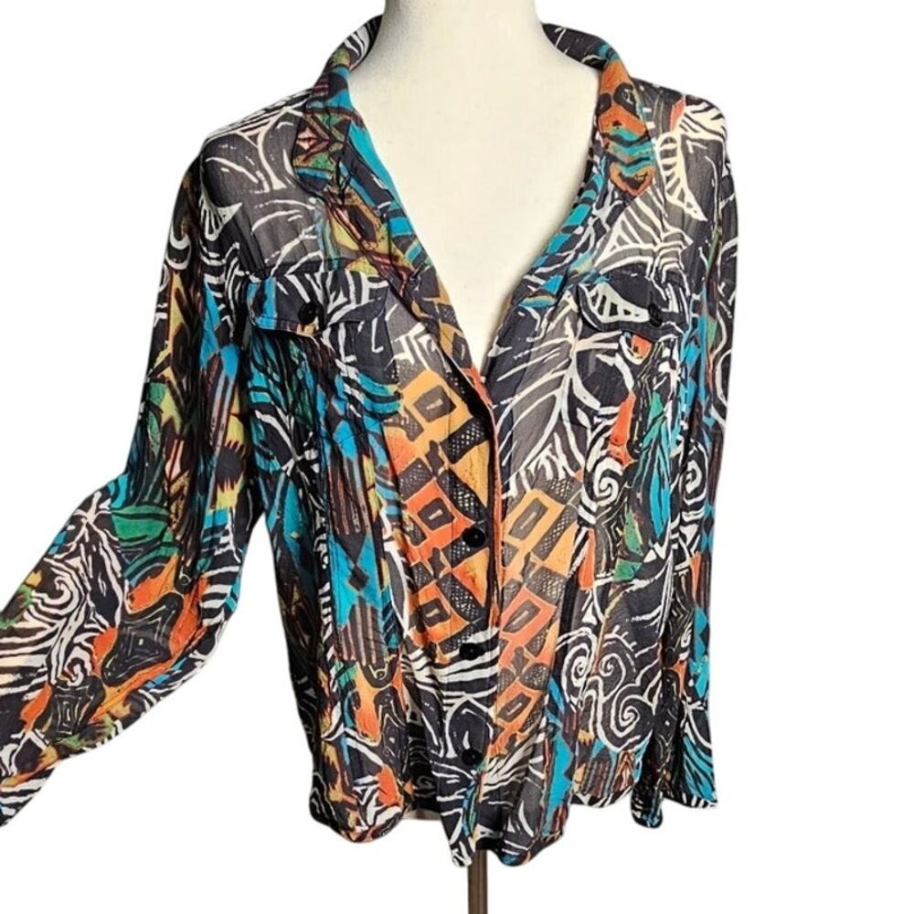 Chicos Sheer Button Up Top Large Abstract Print